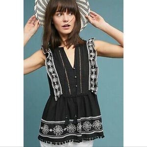 Anthropologie Akemi + Kin Black & White Ruffle Embroidered Sleeveless Tank Top